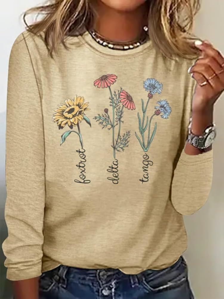 トップス TTT_MSW FLOWER EMBROIDERY LONG SLEEVE T Cherry Blossom T Shirt Long Sleeve, Women's T Shirt Flower